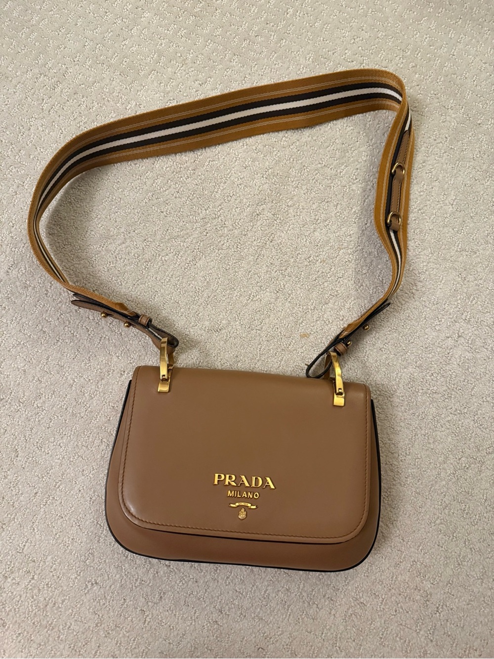 PRADA Pionniere Camel Leather Shoulder Bag with Striped Strap